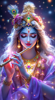 Radhe 69 cm Krishna Wall Poster | Flute Playing Lord Krishna Wall Art Self Adhesive Sticker(Pack of 1)