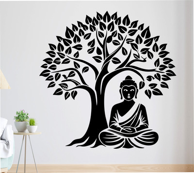 GN DECOR 45 cm Gautam Buddha Sitting Under a Tree Multicolor Decorative Wall Sticker Self Adhesive Sticker(Pack of 1)
