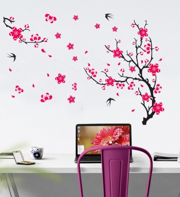 Walltech 50 cm Different tree with flower Self Adhesive Sticker(Pack of 1)