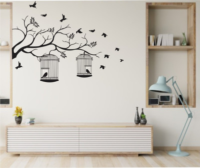 DreamKraft 155 cm Decorative Black Tree With Birds And Cages Self Adhesive Sticker(Pack of 1)