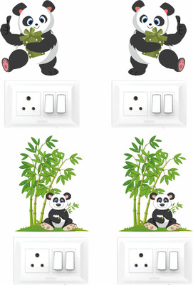 Happy Customise 28 cm Dancing Panda With bamboo Wall Sticker & Switch Board Sticker Set Self Adhesive Sticker(Pack of 4)