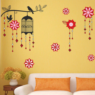 crystalsign 120 cm Wall Decorative Cage with Bird on Branch Living Room Background Design_S Self Adhesive Sticker(Pack of 1)