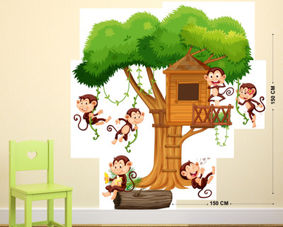 WALLDECORS 91.44 cm MONKEYS PLAYING IN THE BIG TREE HOUSE MULTICOLOUR WALLSTICKER Self Adhesive Sticker(Pack of 1)