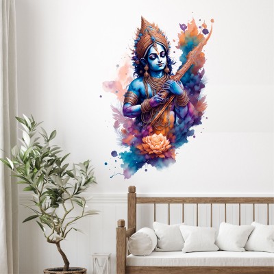 STICKERAURA 60 cm Color Splash Lord Krishna Ji With Flute Wall Sticker For Home Self Adhesive Sticker(Pack of 1)