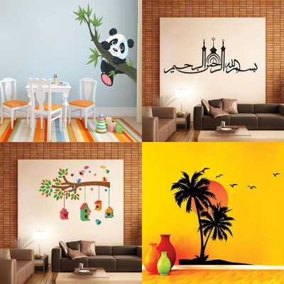 Walltech 49 cm Combo of 4 Wall Sticker Bismillaherahmanerahim-(24 X 58 Cms)|Panda Hanging On A Branch-(150 X 70 Cms)|Beach With Sunset-(55 X 60 Cms)|Bird House On A Branch-(90 X 75 Cms)-Matrial Vinyl Self Adhesive Sticker(Pack of 4)