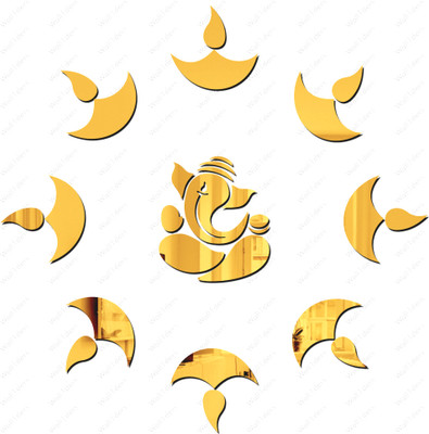 wall1ders 20 cm Small Ganpati Maharaj with 10 Diya Golden Acrylic mirror Self Adhesive Sticker(Pack of 1)