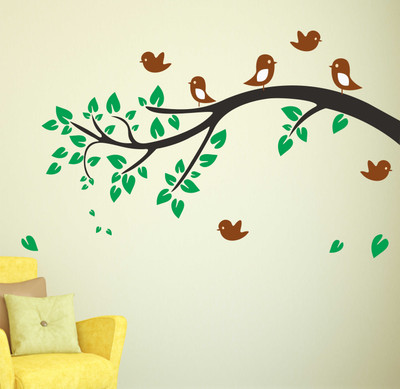 WALLDECORS 182.88 cm TREE WITH LEAVES AND BIRD STICKER Self Adhesive Sticker(Pack of 1)