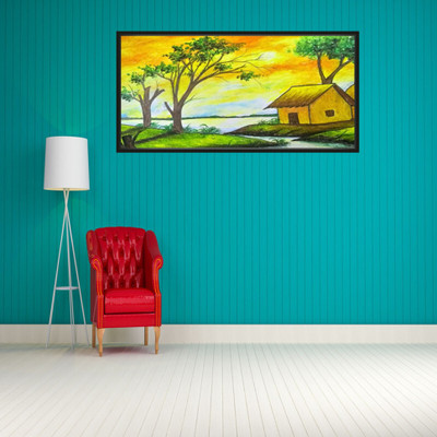 Vijaya enterprises 9 inch How to draw riverside village scenery painting frame poster size (18x9 inch ) Self Adhesive Sticker(Pack of 1)