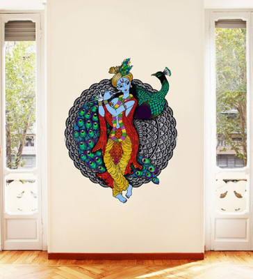 LAKSHIT ENTERPRISES 50 cm standing krishna with peacock wallsticker Self Adhesive Sticker(Pack of 1)