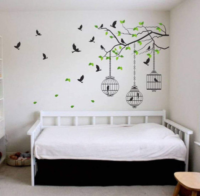 MY WALLORA 130 cm Tree Branches with Leaves Birds and Cages Wall Sticker Self Adhesive Sticker(Pack of 1)