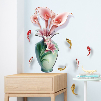 JAAMSO ROYALS 60 cm Green Vase Witn Pink Flower Wall sticker (45 CM X 60 CM) Self Adhesive Sticker(Pack of 1)