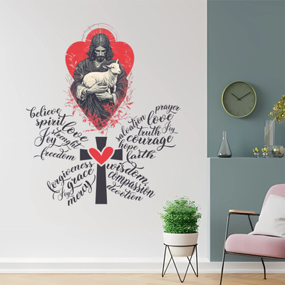 WallBiirds 60 cm Jesus with qoutes colorful wall sticker Self Adhesive Sticker(Pack of 1)
