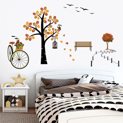 WALMORA 150 cm Peace Park - Autumn Tree - Cycle - Fly Birds - Wall sticker - WM 515 Self Adhesive Sticker(Pack of 1)