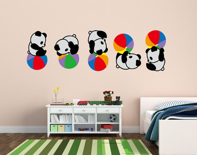 WALLARSH 135 cm Cute Pandas With Balls Self Adhesive Sticker(Pack of 1)