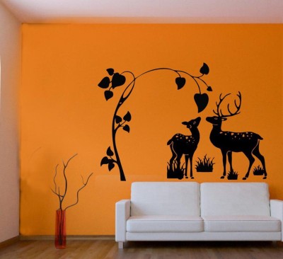 SnappyVinyl 30 cm flower tree with cute deers wall Self Adhesive Sticker(Pack of 1)