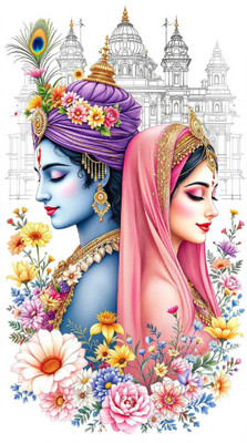 Archi Graphics Studio 60 cm Divine Radha Krishna – Floral Serenity Self Adhesive Sticker(Pack of 1)