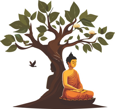 CreativeEdge 55 cm Buddha sitting under a tree Self Adhesive Sticker(Pack of 1)