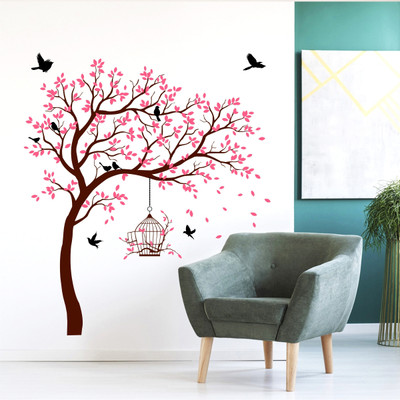 rawpockets 175 cm Pink Tree with Birds and Cage Self Adhesive Sticker(Pack of 1)
