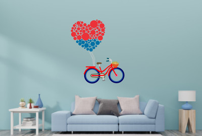 Aashrut decor 91 cm Bicycle with Love Heart shaped balloon Wall Stickers | H 91 cm x W 76 cm' Self Adhesive Sticker(Pack of 1)