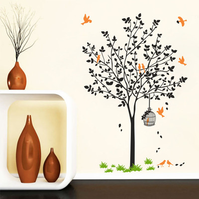 Divine studio 45 cm Beautifull Black Tree with Birds and Nest Botanical Wall Stickers Self Adhesive Sticker(Pack of 1)