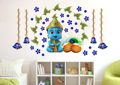 DivineDesigns 46 cm Krishna Ji Laddu Gopal with Leaves & Bells Wall Sticker Self Adhesive Sticker(Pack of 1)