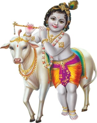 ZEN TREK 45 cm Baal Krishna With Cow Modern Art 123 Self Adhesive Sticker(Pack of 1)