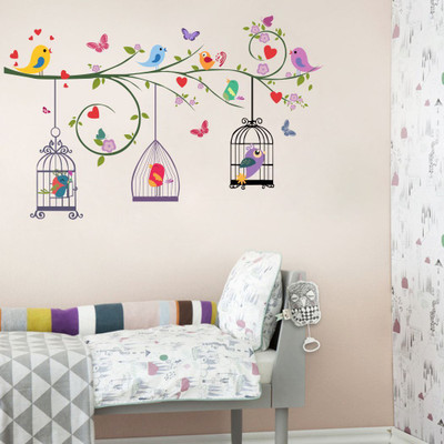 Divine Printry 91 cm Size, Beautiful Butterfly and Hanging Cages Design Wall Self Adhesive Sticker(Pack of 1)