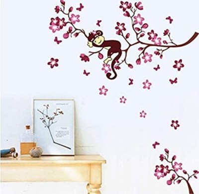 JAAMSO ROYALS 70 cm Tree Monkey Decal Flowers Wall Sticker Removable Sticker(Pack of 1)