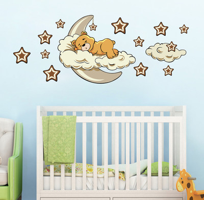 LANSTICK 76.2 cm TEDDY SLEEPING IN MOON WITH STARS AND CLOUDS STICKER Self Adhesive Sticker(Pack of 1)