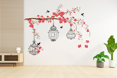 Decor hubb 121 cm Red Tree Birds With Cages Wall sticker For Home Decor Self Adhesive Sticker(Pack of 1)
