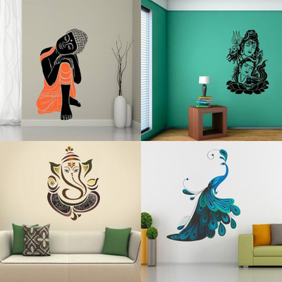 Walltech 49 cm Combo of 4 Wall Sticker Sleeping Buddha-(110 X 60 Cms) | Modern Peacock-(90 X 75 Cms) | Shiv Parwati-(60 X 39 Cms) | Royal Ganesh-(50 X 45 Cms) - Matrial Vinyl Self Adhesive Sticker(Pack of 4)
