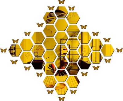 Bikri Kendra 12 cm Hexagon 31 golden With 20 butterfly - 3D mirror acrylic wall stickers Self Adhesive Sticker(Pack of 51)