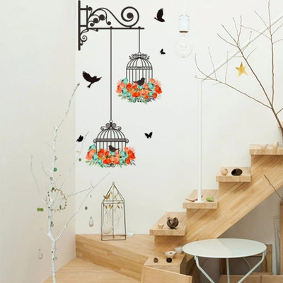 MY WALLORA 65 cm Wall Decals sticker Birdcage Flower Flying for Living Room Nursery Room Stickers Self Adhesive Sticker(Pack of 1)