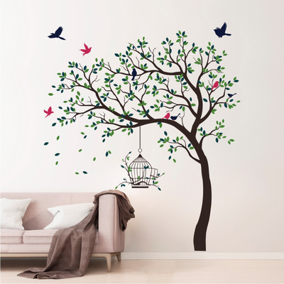 Decal O Decal 175 cm Green And Blue Twin Colours Leaves Tree With Birds Cage Self Adhesive Sticker(Pack of 1)