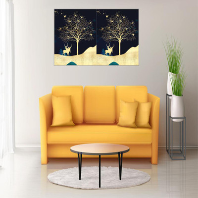 Vijaya enterprises 45.72 cm Golden trees deer painting poster size (18x12 inch) Self Adhesive Sticker(Pack of 1)