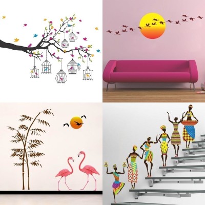 APTIO 45 cm Wall Sticker Flowers & BirdCages Sunrise & Flying Bird swan love Tribal Lady Self Adhesive Sticker(Pack of 4)