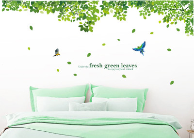 Decal O Decal 280 inch Decorative Green Tree Leaves with Birds and Life Quotes Self Adhesive Sticker(Pack of 1)