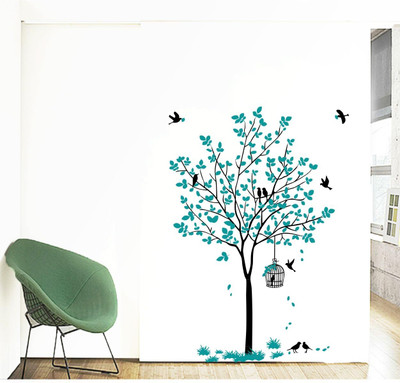WallFX 120 cm Pink Tree With Birds Cage And Nest Self Adhesive Sticker(Pack of 1)