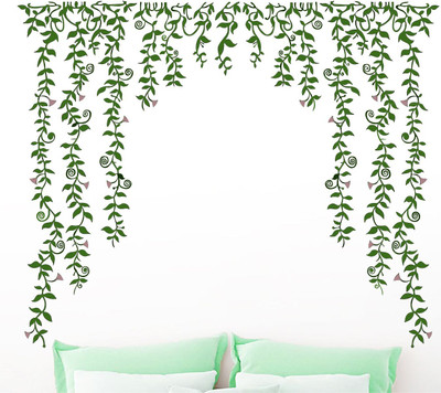 Decal O Decal 50 cm Living Room Background Art Green Falling With Pretty Flowers Self Adhesive Sticker(Pack of 1)