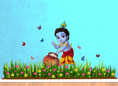 Saiii Designs 76 cm Bal Krishna Butterfly Grass Decorative Self Adhesive Sticker(Pack of 1)