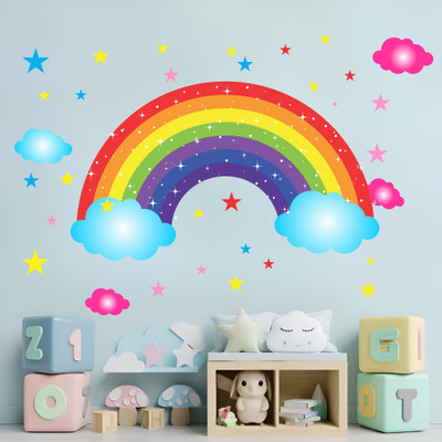 KGDecor 94 cm Colorful Rainbow with Clouds & Stars Wall Sticker Self Adhesive Sticker(Pack of 1)
