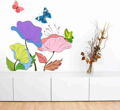 Stickerberry 50 cm multicolored design flowers butterflies wall sticker 50 CM X 60 CM Self Adhesive Sticker(Pack of 1)
