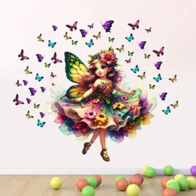 Happy Customise 50 cm Floral Girls With Butterfly Wall Self Adhesive Sticker(Pack of 1)