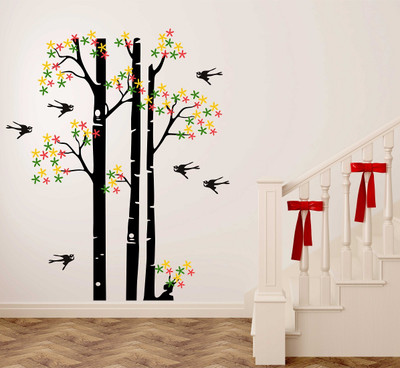 MIIKOR 100 cm Tree & Birds | Non-Reusable Stickers Self Adhesive Sticker(Pack of 1)