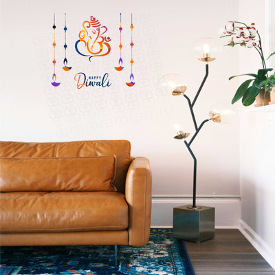 decorplusdecal 18 inch appy Diwali Wall Decal | Decorative Ganesh Design with Hanging Diyas | Self Adhesive Sticker(Pack of 1)