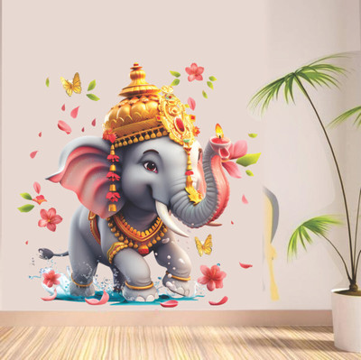 WINNING CRAFT 42 cm TDecorated Elephant with Flowers Wall Sticker Self Adhesive Sticker(Pack of 1)