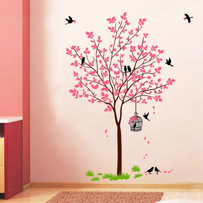 INKEDIFY 120 cm Wall Decals Sticker ' pink Tree with Birds Cage and Nest' Self Adhesive Sticker(Pack of 1)