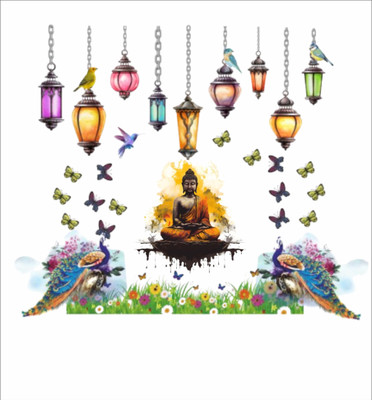 Riditcreation 50 cm Gautam Buddha around Butterflies and Birds Self Adhesive Sticker(Pack of 1)