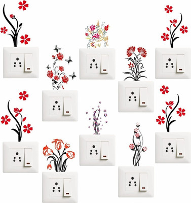 Saiii Designs 30 cm Flowers Pot Trees Switch Board Sticker Set 10 Self Adhesive Sticker(Pack of 10)