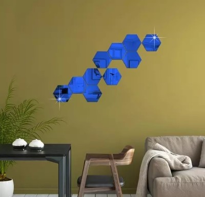 HAPPINY 12 cm 10 Hexagon (10.5 x 12.1 cm) Blue, 3D Acrylic Mirror Stickers for Wall Self Adhesive Sticker(Pack of 1)
